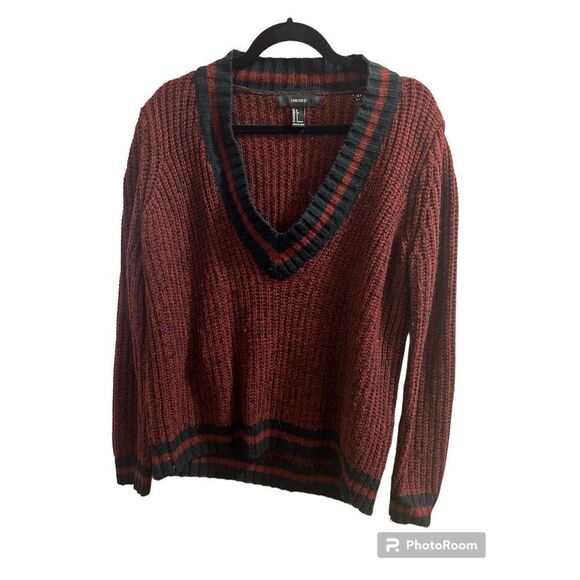 ✨Forever 21 Cable Knit Burgundy Varsity V Neck Striped Trim Sweater✨ - Picture 2 of 7